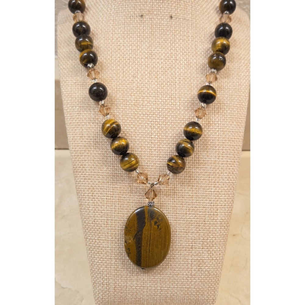 Stunning Natural Tiger's Eye, Crystal, Sterling Silver Statement Necklace 18-22"
